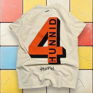 4Hunnid YG Shadow Logo Graphic‎ Shirt Y2K Men M Cream Short Sleeve Crewneck Tee